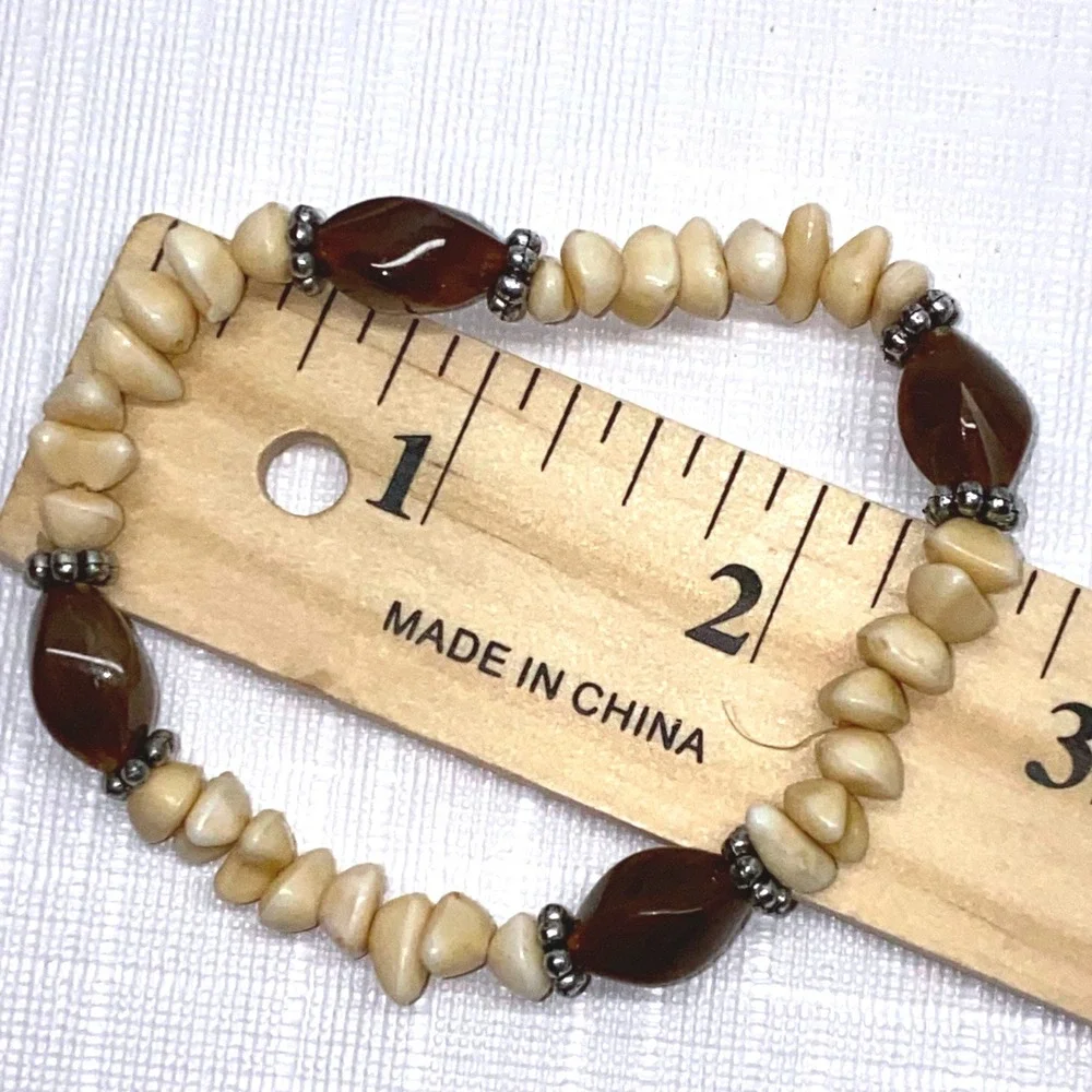 Beaded Stretch Bracelet Brown Seed Beads Cream‎ Beads Stretchy
